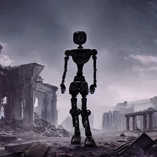 Prompt: A robot walking through a ruined city, thousands of years in the future, futuristic, dystopian, ominous, beautiful, astral, mystical, intricate, detailed