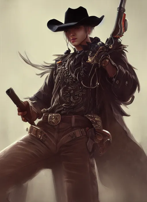 Image similar to a highly detailed illustration of bts v as cowboy wearing black cowboy hat, dramatic shooting gun pose, perfect face, intricate, elegant, highly detailed, centered, digital painting, artstation, concept art, smooth, sharp focus, league of legends concept art, wlop