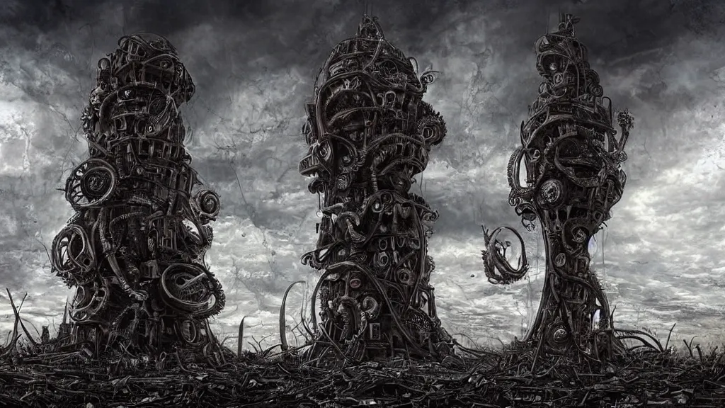 Prompt: A tower with an Eyeball at the top!!!, BioMechanical like Giger, with tentacles coming out, looking over a stormy post-apocalyptic wasteland, dystopian art, wide lens