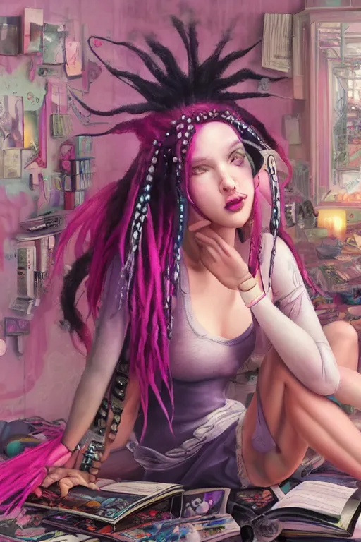 Image similar to cybergoth girl with pink dreads sitting on the floor of a cluttered 9 0 s bedroom reading a book by artgerm, tom bagshaw, gerald brom, vaporwave colors, lo - fi colors, vaporwave, lo - fi, 4 k, hd,