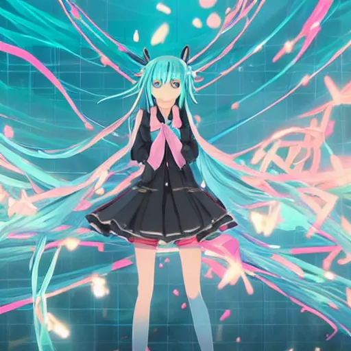 Image similar to high quality art of a hatsune miku is flying with her back to the camera above the night tokyo at bird's - eye height, glowing particles and ribbons follow her arms, glowing advertising banners on buildings depicting hatsune miku are visible in the distance, art by makoto shinkai, crunchyroll, pixiv, danbooru, hd