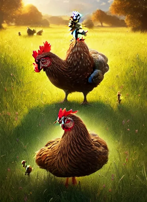 Image similar to a hen and her two chicks on a meadow, happy movie poster by nuri iyem, james gurney, james jean, greg rutkowski, anato finnstark. pixar. hyper detailed, 5 0 mm, award winning photography, perfect faces