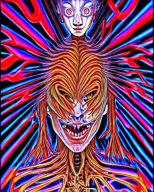 Prompt: human body breaking away, conjuring psychedelic image, part by shintaro kago, part by alex gray, ultra realistic, highly detailed, 8 k, trending on artstation, masterpiece, epic, symmetry