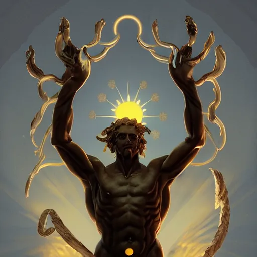 Prompt: four armed statue of the god of the sun, helios descending from olympus, four arms, holy light, artstation, concept art, smooth