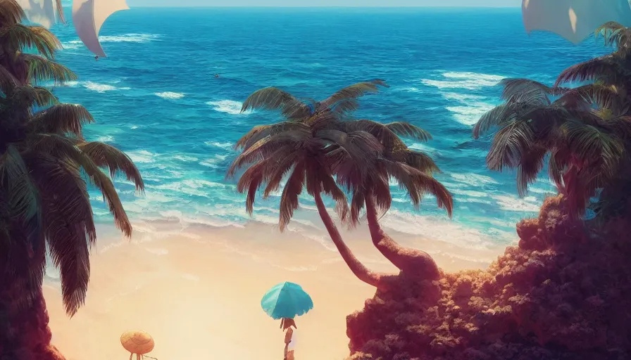 Image similar to A highly detailed matte painting of a beautiful tropical beach by Mokoto Shinkai, by Studio Ghibli, by Greg Rutkowski, by Artgerm, by beeple, volumetric lighting, octane render, cinematic angle, 4K resolution, trending on artstation