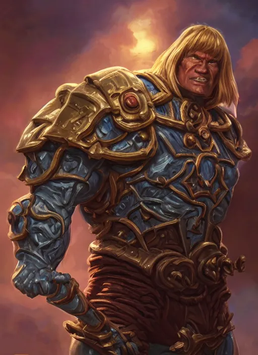 Image similar to He-Man!!!!!, close up, filmation!! ,sci fi,fantasy, intricate, german iron cross chest armor ,elegant, loin cloth ,highly detailed, oil painting, artstation, concept art, matte, sharp focus, illustration, dramatic, sunset,hearthstone, art by Artgerm and Greg Rutkowski and Alphonse Mucha