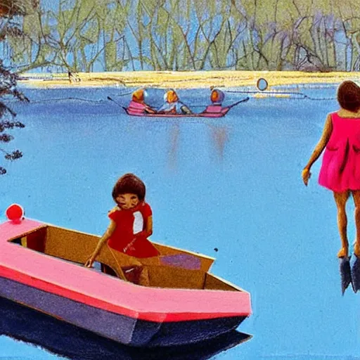 Image similar to The installation art depicts a group of well-dressed women and children enjoying a leisurely boat ride on a calm day. The women are chatting and laughing while the children play with a toy boat in the foreground. hunter green, cardinal by Moebius angular