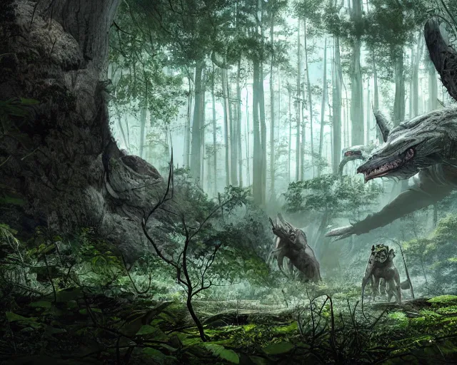 Image similar to predators lurking in the woods, matte painting, ultra wide shot, sharp focus, wallpaper art, dramatic lighting, concept artwork by greg rutowski and murata range