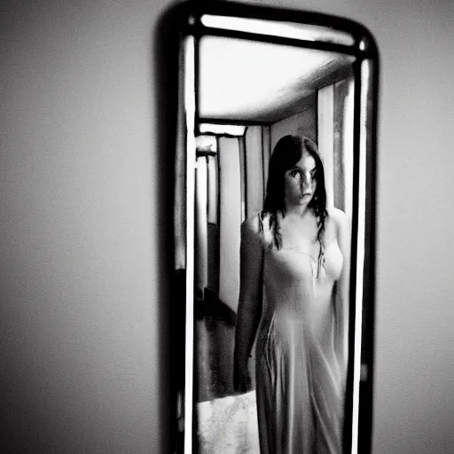 Image similar to a beautiful woman is frightened by her ugly doppleganger in a mirror. she is in a long hallway of mirrors. haunting atmosphere, dimly lit, dark, horror style, realistic, 3 5 mm lens, low angle, 3 / 4 view.