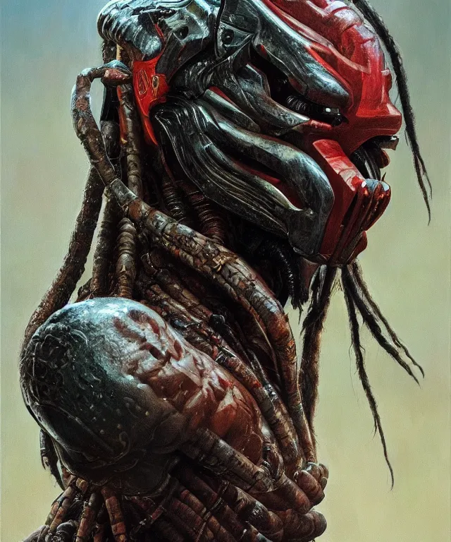 Image similar to a portrait of the predator by chris warner, oil on canvas, deep depth field, masterpiece, by donato giancola, trending on artstation, featured on pixiv, cinematic composition, hyper - detailed, hd, hdr, 4 k, 8 k