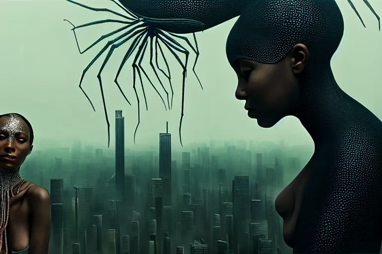 Image similar to realistic detailed photorealistic portrait movie shot of a beautiful black woman with a giant spider, dystopian city landscape background by denis villeneuve, amano, yves tanguy, alphonse mucha, ernst haeckel, david lynch, edward robert hughes, roger dean, cyber necklace, rich moody colours, cyber patterns, wide angle