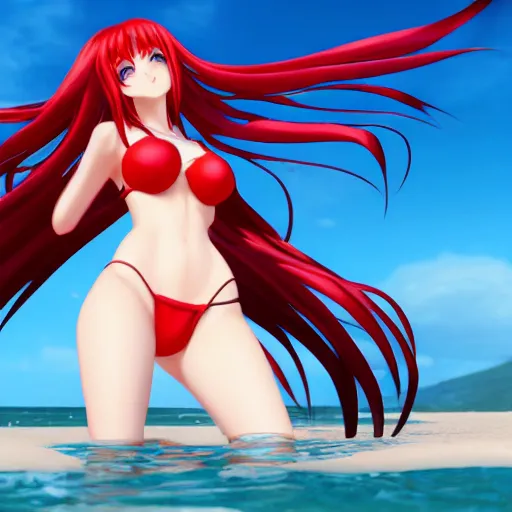 Image similar to rias gremory, very beautiful anime girl, long red hair, stunning eyes, cute freckles, full round face, short smile, cute bikini, golden hour, serene beach setting, medium shot, mid-shot, highly detailed, trending on Artstation, Unreal Engine 4k