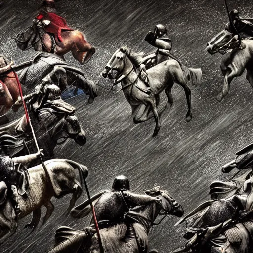 Prompt: middle ages battle, horses, soldiers, swords, dirt, rain, mud, ultradetailed, intricate, 5 0 mm, focus, cinematic, hyper realistic, photorealism, 4 k resolution