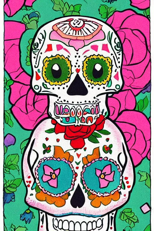 Image similar to illustration of a sugar skull day of the dead girl, art by richard scarry