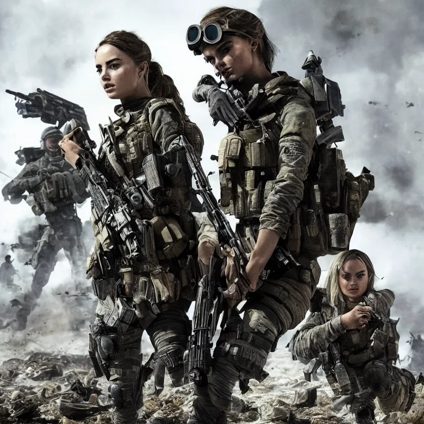 Image similar to ana de armas and margot robbie as a Call of Duty Modern warfare character highly detailed war torn environment epic pose