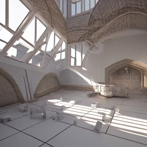 Image similar to ultra mega super hyper realistic Digital concept interior design of futuristic castle. Natural white sunlight from the transperient roof. Rendered in VRAY and DaVinci Resolve and MAXWELL and LUMION 3D, Volumetric natural light