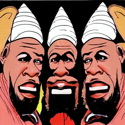 Image similar to conehead mr. t pop band, detailed facial expressions, 1 9 8 0 s aesthetic