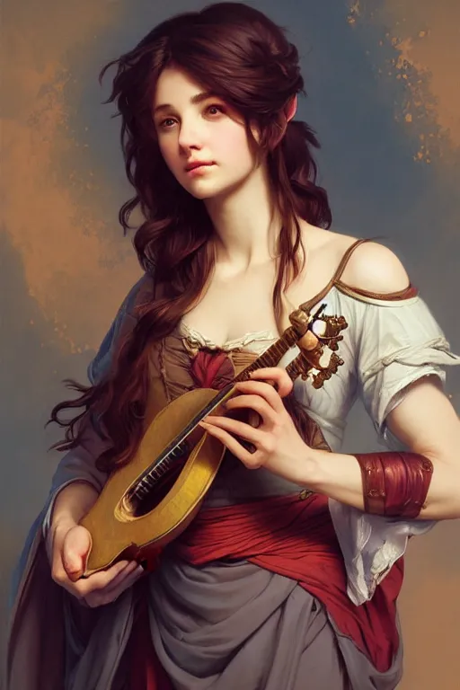 Image similar to beautiful bard holding a lute, accurate anatomy, only two hands, highly detailed, digital painting, artstation, concept art, smooth, sharp focus, illustration, Unreal Engine 5, 8K, art by Artgerm and greg rutkowski and alphonse Mucha