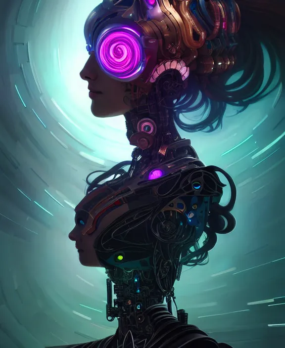 Image similar to whirlwind souls rushing inside metaverse, half body, tiara, robotic, android, cyborg, cyberpunk face, steampunk, by loish, d & d, fantasy, intricate, elegant, highly detailed, colorful, vivid color, digital painting, artstation, concept art, art by artgerm and greg rutkowski and ruan jia