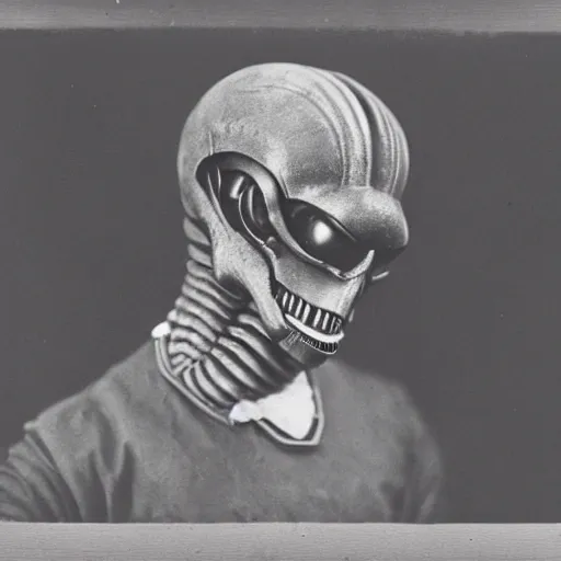 Image similar to photograph of xenomorph by edwardian, male, 1 9 0 0 s, 1 9 1 0 s, grainy, slightly blurry, faded, realistic face