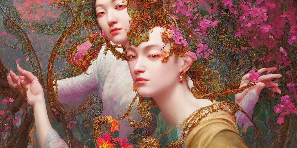 Image similar to breathtaking detailed concept art painting of the goddess of flamingo, orthodox saint, with anxious, piercing eyes, ornate background, amalgamation of leaves and flowers, by Hsiao-Ron Cheng and John James Audubon, extremely moody lighting, 8K