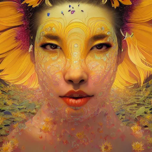 Prompt: East-asian sunflower queen, colorful, surreal, dramatic lighting, face, detailed, intricate, elegant, highly detailed, digital painting, artstation, concept art, smooth, sharp focus, illustration, art by Sam Spratt, Dan Mumford, Artem Demura and Alphonse Mucha