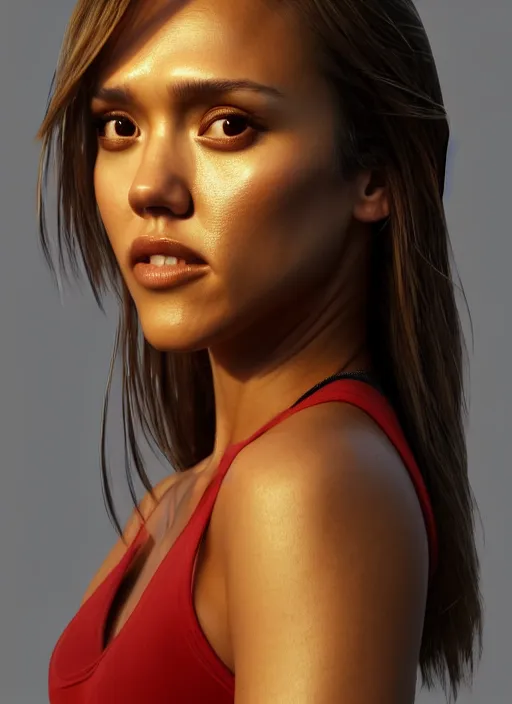 Image similar to Jessica Alba as Aika Agent, posing au naturel, in the art style of Hirokazu Yokohara, Mai Yoneyama, CGIsociety, hyper-detailed, digital art, trending on artstation, cinematic lighting, studio quality, smooth render, unreal engine 5 rendered, Red Giant, Cinema 4D, octane rendered