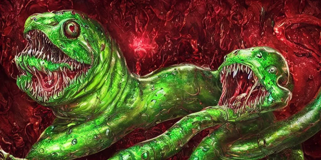 Image similar to a large slimy creepy monster a with very long slimy tongue, dripping saliva, macro photo, fangs, red glowing skin, green skin with scales, cinematic colors, tiny glowbugs everywhere, standing in shallow water, insanely detailed, dramatic lighting