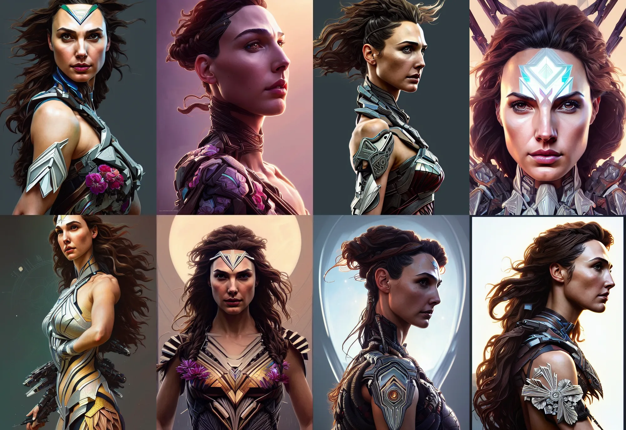 Prompt: symmetry!! portrait of gal gadot, floral! horizon zero dawn machine, intricate, elegant, highly detailed, digital painting, artstation, concept art, smooth, sharp focus, illustration, art by artgerm and greg rutkowski and alphonse mucha, 8 k