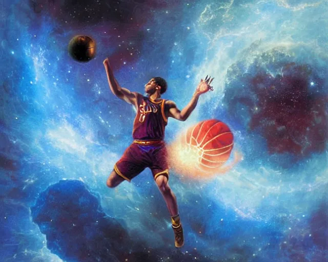 Prompt: cosmic basketball player dunking a basketball hoop in a nebula, an oil painting, by ( leonardo da vinci ) and greg rutkowski and rafal olbinski ross tran airbrush time magazine