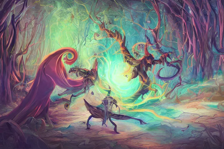 Prompt: colored life and death magic creatures confrontation, swirling scene in forest, spiral lines, concept art, artstation art, award winning, 8k, hd, very very very beautiful