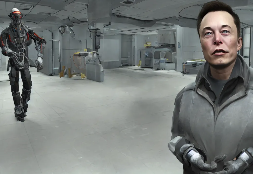 Prompt: elon musk in half life, elon musk in the video game half life, gameplay screenshot, close up, 3 d rendering. unreal engine. amazing likeness. very detailed.