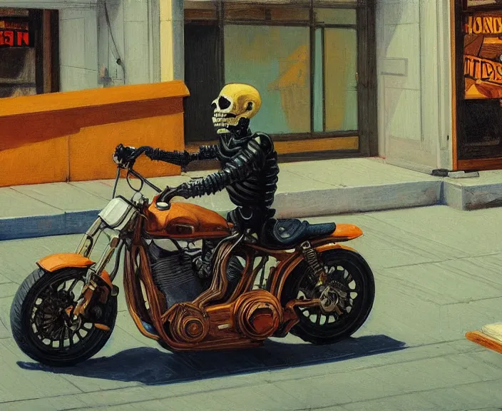 Prompt: a very detailed painting of a skeleton wearing a leather jacket, riding a motorbike, harley davidson motorbike, worm's - eye view, very fine brush strokes, very aesthetic, very futuristic, in the style of edward hopper and grant wood and syd mead, 4 k,