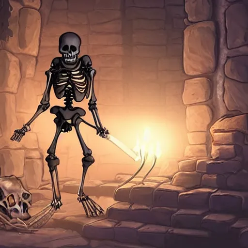 Prompt: a skeleton wandering through an endless dungeon with a torch, very detailed