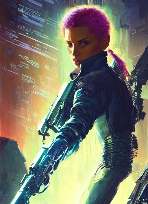 Image similar to Maria. mercenary in tactical gear infiltrating corporate mainframe. Afro. Cyberpunk 2077, blade runner 2049, matrix Concept art by James Gurney, greg rutkowski, and Alphonso Mucha. Stylized painting with Vivid color.