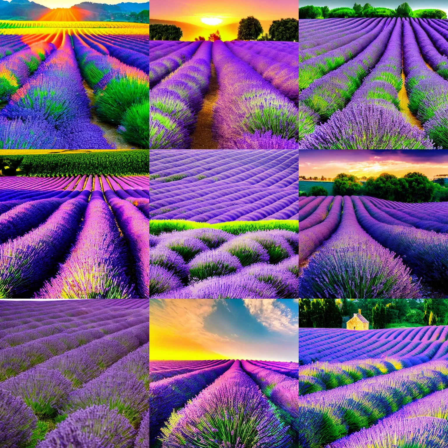 Prompt: Lavender Fields in full bloom, detailed photography, sunrise, beautiful scene