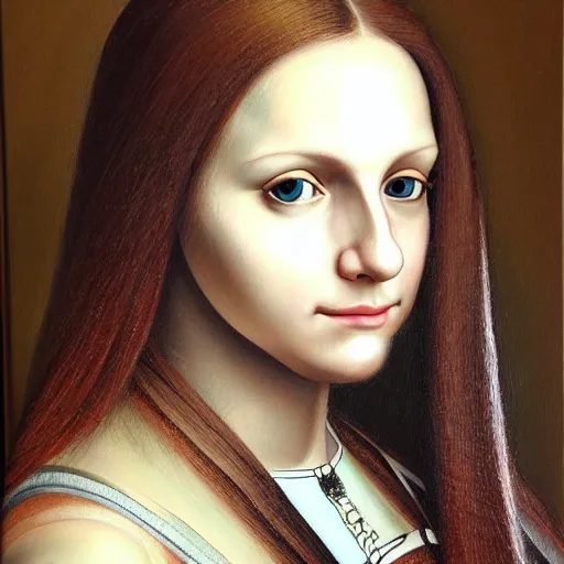 Image similar to ultra realistic portrait painting of female DJane MissK8, painted by Da Vinci