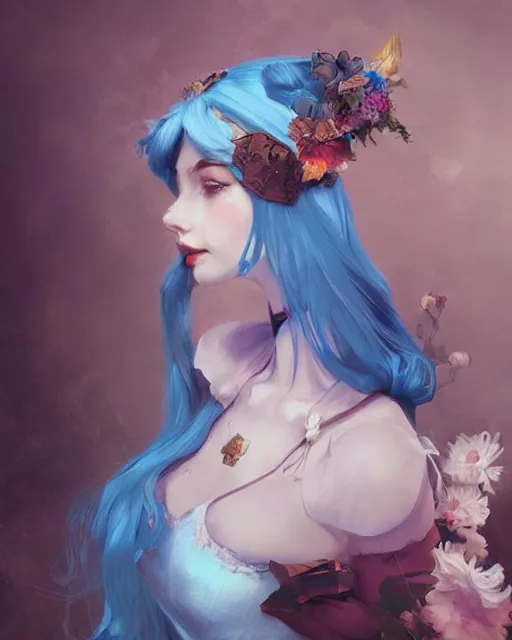 Image similar to pretty girl with blue hair dressed as alice and wonderland, digital painting, 8 k, concept art, art by wlop, artgerm, greg rutkowski and alphonse mucha