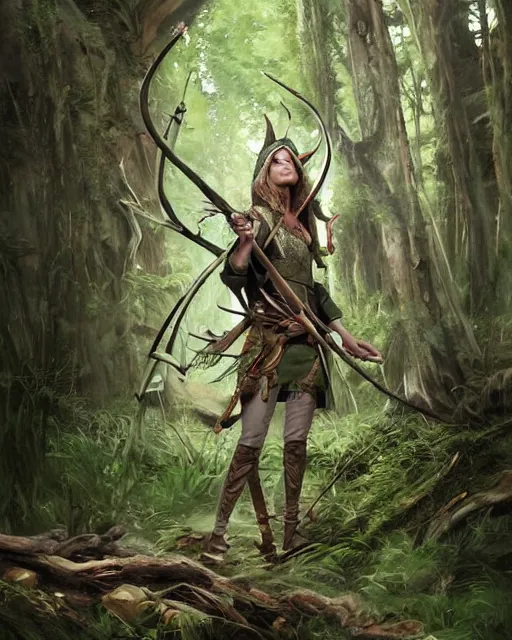 Image similar to an elven hunter standing in the woods holding a bow, wearing a tribe hunting outfit. green, luscious, overgrown forest. By Makoto Shinkai, Stanley Artgerm Lau, WLOP, Rossdraws, James Jean, Andrei Riabovitchev, Marc Simonetti, krenz cushart, Sakimichan, D&D trending on ArtStation, digital art.