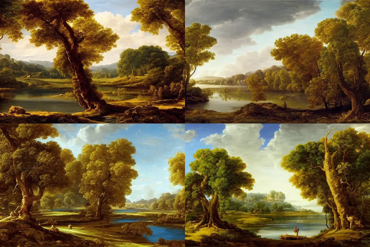 Image similar to beautiful landscape with river and oak trees, mythology, fantasy, landscape background, vivid colors, digital painting, very detailed, realistic, high quality, by claude lorrain