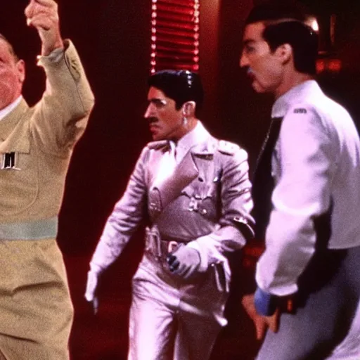 Image similar to A movie still of Hitler wearing a disco suit in Satuday Night Fever