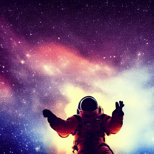 Image similar to astronaut silhouette with arms extended forward, bottom of arms lit by light coming from off camera, light coming from below, starry sky background, lit from below, full body photo,, 8 k