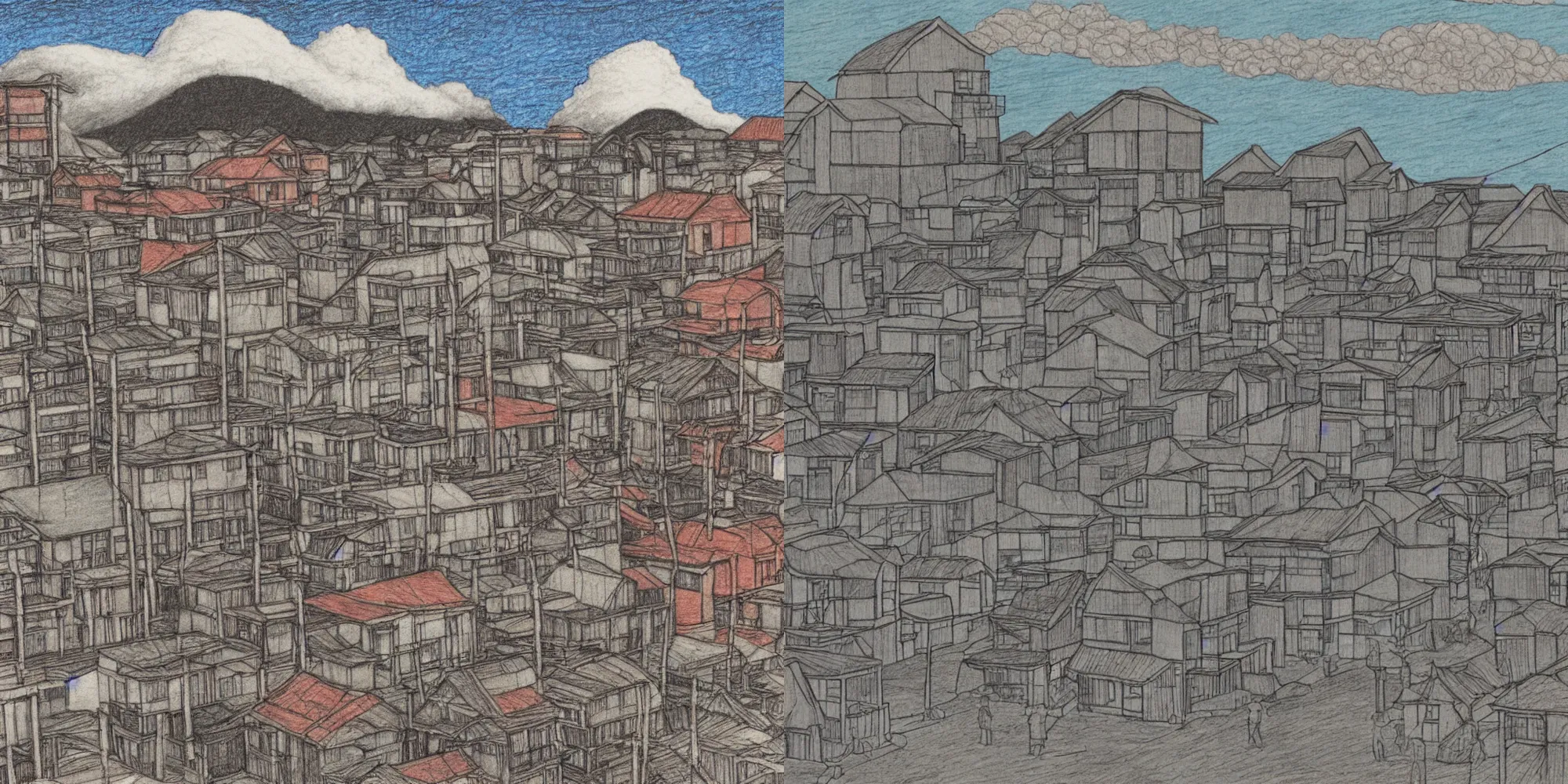 Prompt: wooden houses in hiroshima, atom bomb cloud in distance, colored pencil art