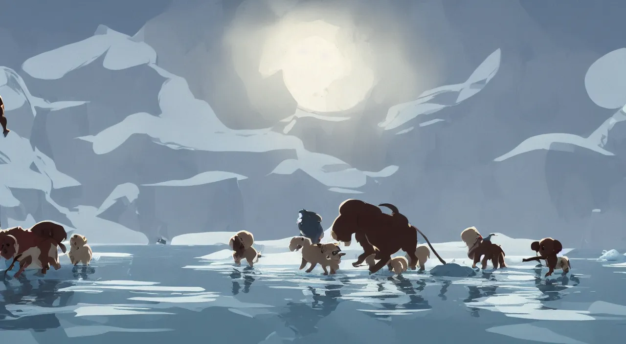 Image similar to havanese dogs dragging arctic explorers by their clothes from the water, 1 9 0 0, tartakovsky, atey ghailan, goro fujita, studio ghibli, rim light, scary, afternoon lighting, clear focus, very coherent