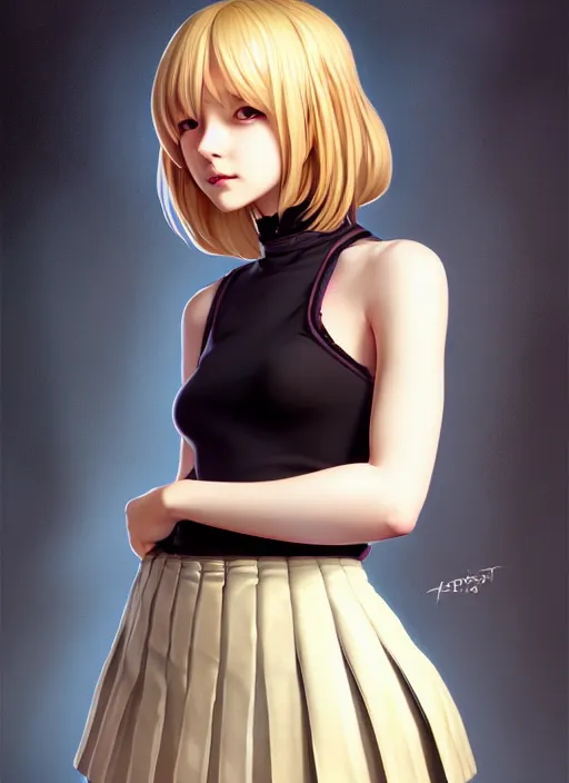 Image similar to portrait of a full body of beautiful young female detective, d & d, sleeveless turtleneck, pleated skirt, fantasy, flat lighting, intricate, highly detailed, digital painting, artstation, concept art, smooth, sharp focus, illustration, misa amane, art by simon bisley and greg rutkowski and alphonse mucha, natural tpose