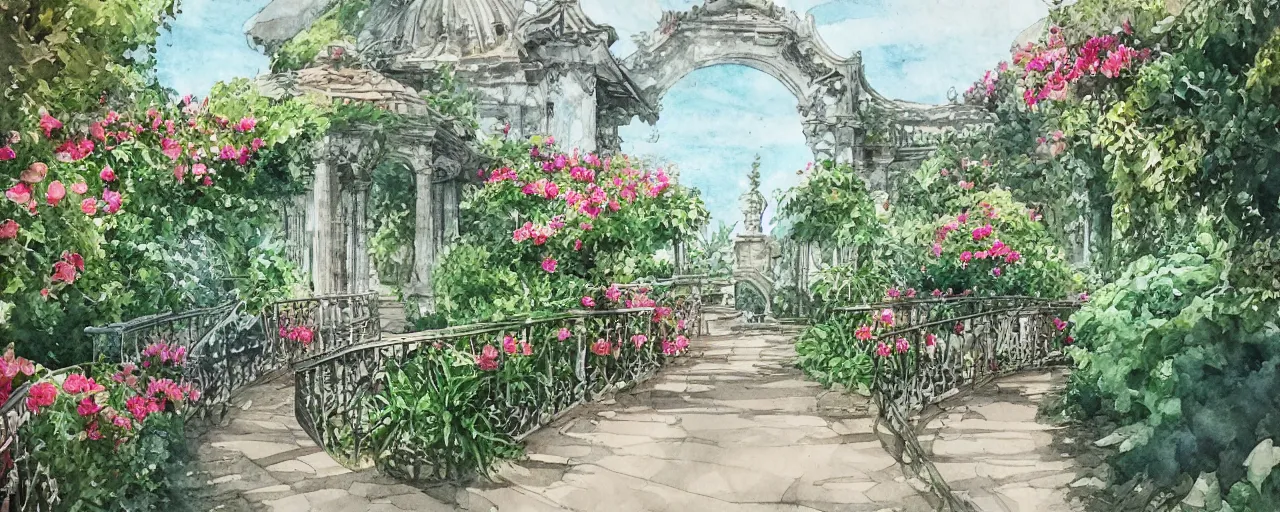 Image similar to isomeric view, railing, stairway, chairs, delicate water in a botanic garden, garden road, sparrows, temple in a botanical herbarium paper, watercolor colored painting, iridescent colors, 8 k, realistic shaded, fine details, artstation, italian style, colonnade, huge flowers, architecture