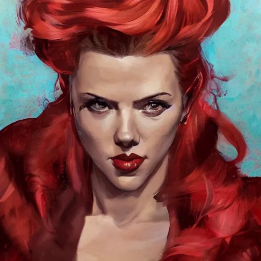 Image similar to greg manchess portrait of scarlett johansson as thick very muscular gothic weightlifter zarya from overwatch with red hair and black lipstick, fantasy medium shot, asymmetrical, profile picture, organic painting, sunny day, matte painting, bold shapes, hard edges, street art, trending on artstation, by huang guangjian and gil elvgren and sachin teng