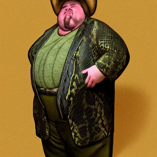 Image similar to hyperreal morbidly obese 2000kilo snake oil salesman wearing authentic purple green sip tech cowboy augmentation and curly snake moustache, fat man standing in front of blank background