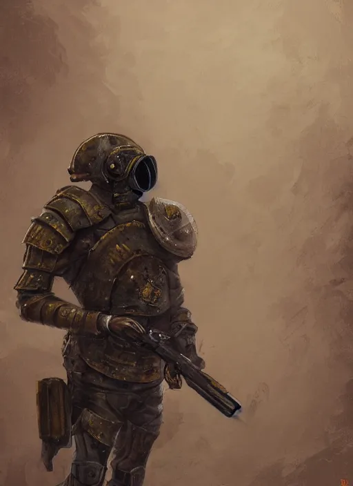 Prompt: a detailed painting of a man in post apocalyptic armour and a helmet walking around a foggy wasteland holding a modified shotgun. hd. 1 9 5 0 s painting style. dark yellow colour palette.