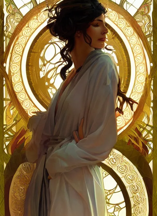 Prompt: michia wearing a silk robe, digital painting, artstation, concept art, sharp focus, illustration, art by artgerm and greg rutkowski and alphonse mucha